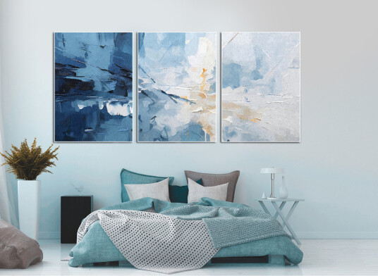 Plakater Moderne kunst – Blå sprutkunst / sett med 3