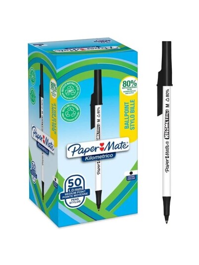 Paper Mate Kilometrico kulepenner | Lang skriving med middels punkt (1,0 mm) | Svart blekk | 80 % resirkulert plast | 50 Stk