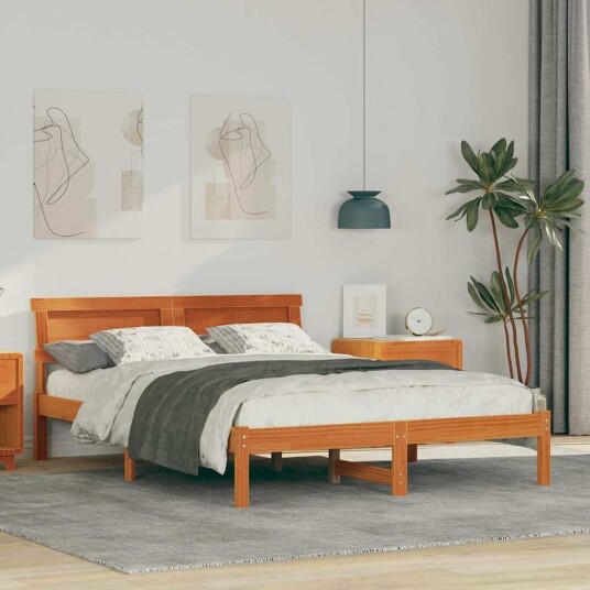  Sengestamme med LED  stripelys med hodegjerde Voksbrun 140 x 190 cm Furu tre