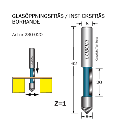 Cobolt 230-020 Fres D=8 L=20 TL=63 Z=1 S=8 Maskintilbehør & forbruk