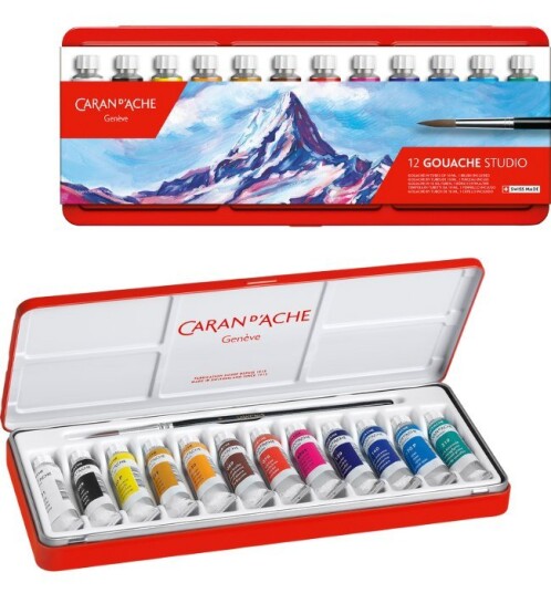 Caran d'Ache Gouache Studio vannbasert maling 12 tuber og 1 pensel