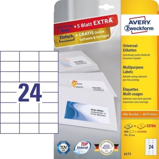 Avery 6173 Hvit Rektangel Permanent 70 X 37 Mm A4 Papir