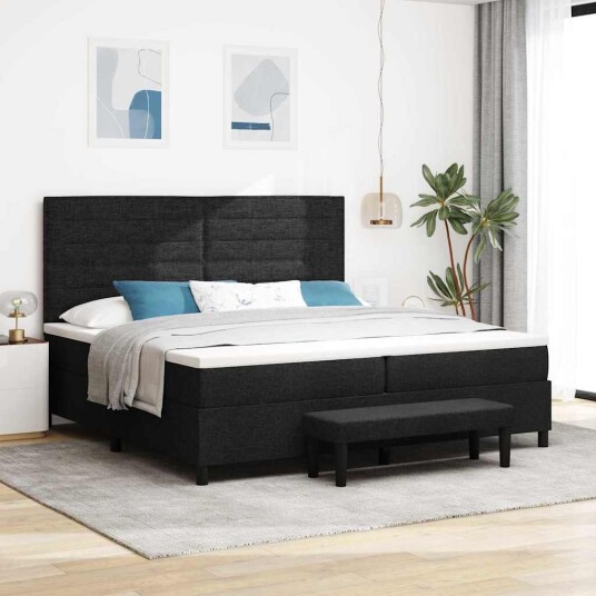 Box Spring seng med madrass og benk svart 200x200 cm stoff