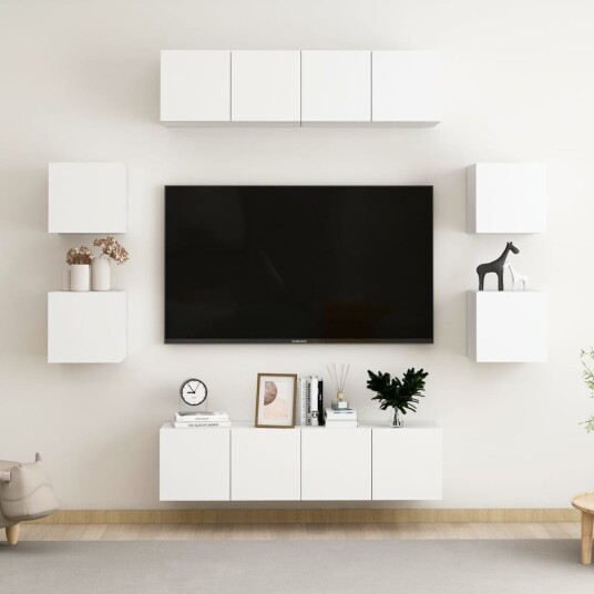 TV benksett 8 deler hvit konstruert tre TV benksett 8 deler hvit konstruert tre