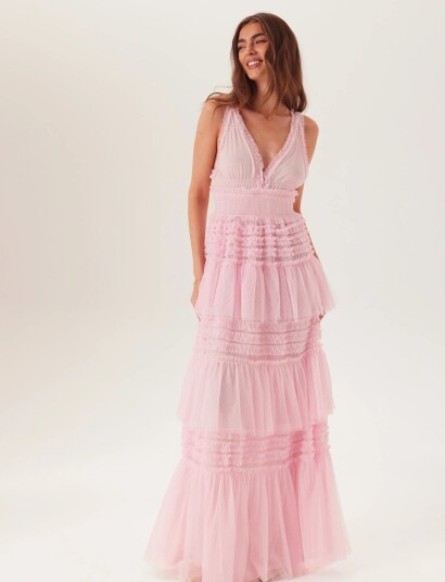 Bubbleroom Frill Dotted Tulle Gown   Pink   42