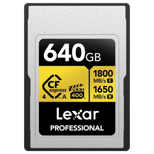 Lexar CFexpress 4.0 Pro Gold 640GB Type A. R900/W800 MB/s. VPG400 Lexar CFexpress 4.0 Pro Gold 640GB Type A. R900/W800 MB/s. VPG400