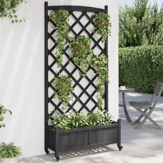 Plantekasse med espalier og hjul svart heltre gran