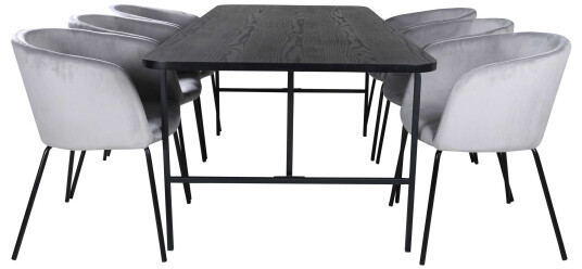 Venture Design Uno & Berit spisegruppe Grå/svart 6 stoler & bord 200 x 90 cm