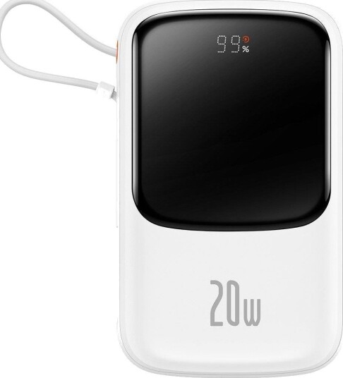 Baseus Qpow Digital Display 10000mAh Powerbank med Hurtiglading og Innebygd Lightning-Kabel Hvit
