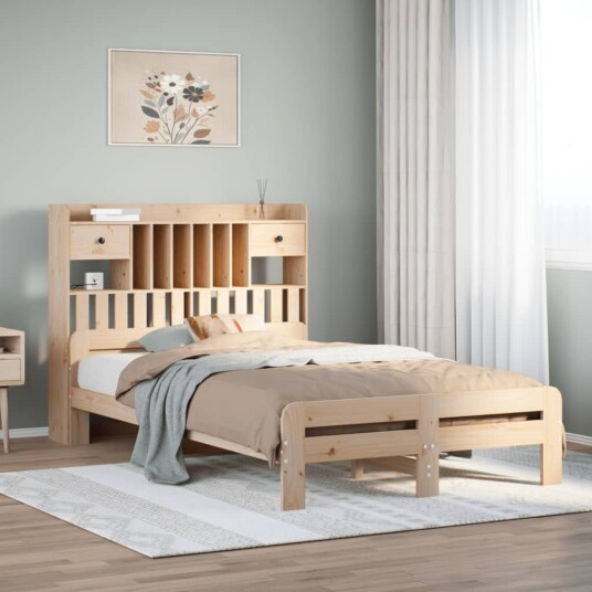 Seng med bokhylle uten madrass 120x200 cm heltre furu 8721158383242