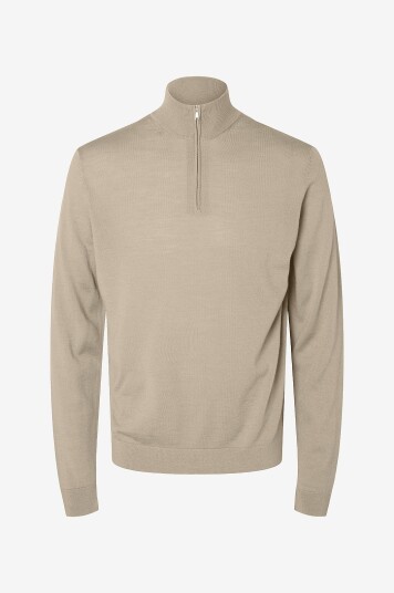 Selected Homme Genser slhTray LS Knit Merino Half Zip Beige