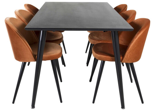 Venture Design Dipp & Velvet spisegruppe Svart/orange 6 st stoler & bord 180 x 90 cm