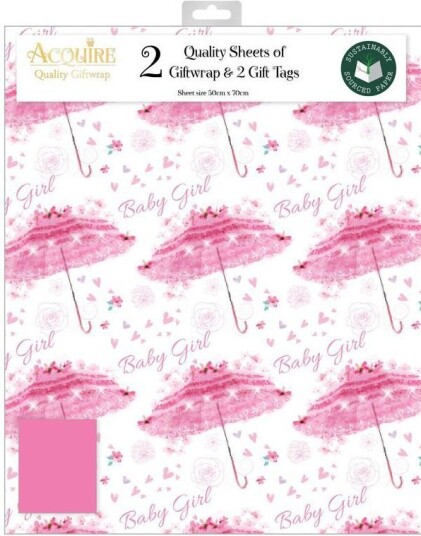 2 stk Baby Girl Rosa Paraply Gavepapir med 2 stk Navnelapper 50x70cm