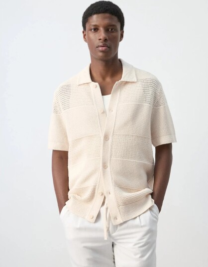 Mango Openwork Knitted Shirt   Cream   L
