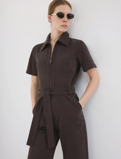 Mango Zip Denim Jumpsuit Brown XS Mango Zip Denim Jumpsuit Brown XS