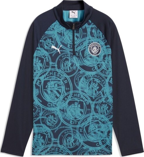 Manchester City Treningsskjorte Pre Match 1/4 glidelås   Navy/Tropisk blå Barn   PUMA størrelse 140 cm