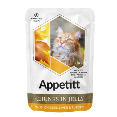 Appetitt Våtfôr med kyllingelever og kalkun i gelé for katter 12 x 85 g