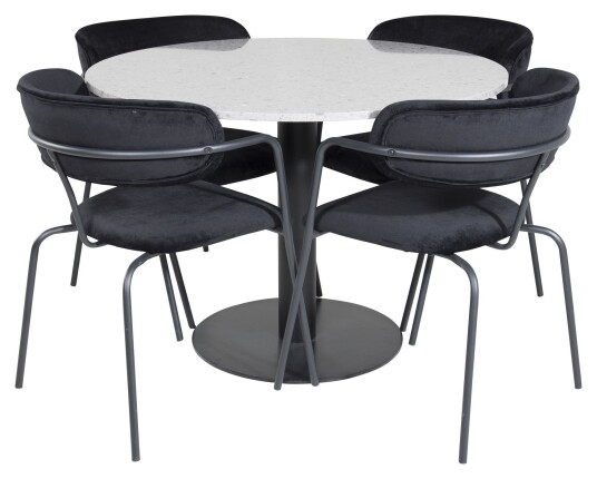 Venture Design Razzia Spisebord Ø106, m. 4 Arrow armstoler, Sort velvet Unoliving