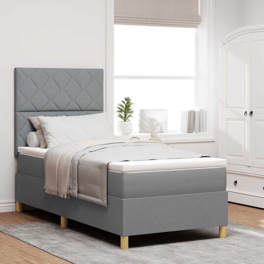 Box Spring Seng med Madrass & LED Lysegrå 90x190 cm Stoff