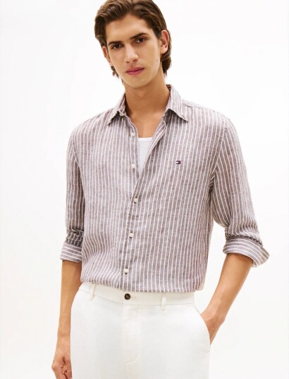 Tommy Hilfiger Linen Bengal Stripe Rf Shirt   Brown   XXL
