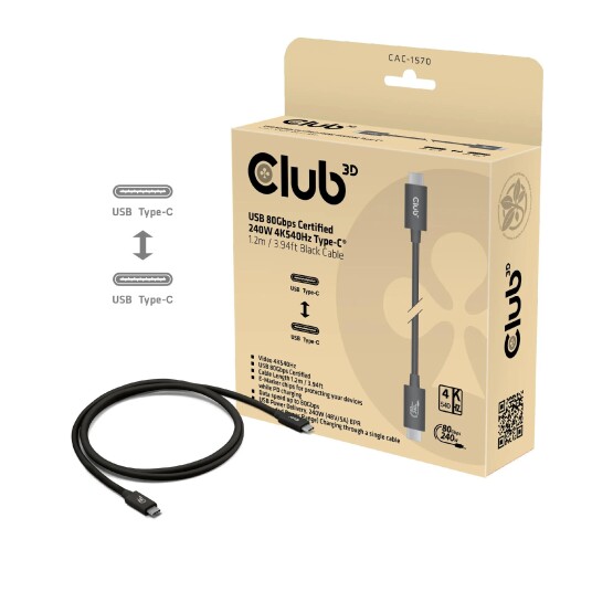 Club 3D USB-C-Kabel 80Gbps PD240W/8K240Hz 1.2m svart