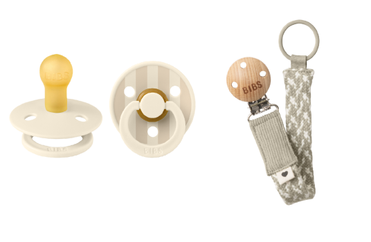 BIBS Pacifier Studio Colour 2 Pack Ivory/Vanilla Size 1 + Pacifier Clip Braided Bundle