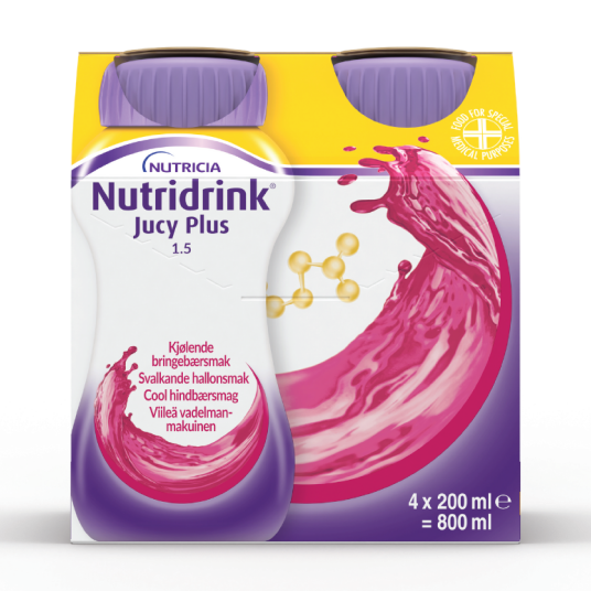Nutridrink Jucy Plus Næringsdrikk Kjølende bringebær 4x200 ml Nutridrink Jucy Plus Næringsdrikk Kjølende bringebær 4x200 ml