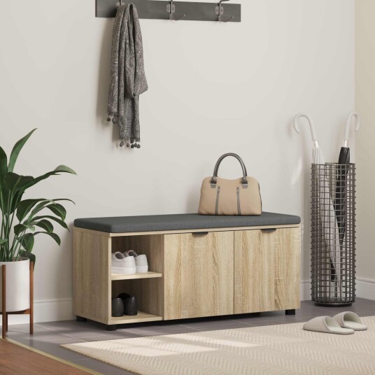 vidaXL Gangbenk med pute med hylle med dør Sonoma eik 100 x 38 x 46 cm vidaXL Gangbenk med pute med hylle med dør Sonoma eik 100 x 38 x 46 cm