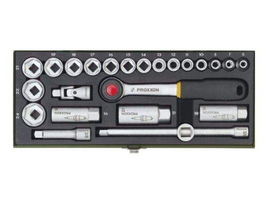 Proxxon 23110, Støpselsett, 3/8", Metrisk, 24 Hoder, 6,7,8,10,11,12,13,14,15,16,17,18,19,21,22,24 Mm, Kromfarget Proxxon 23110, Støpselsett, 3/8", Metrisk, 24 Hoder, 6,7,8,10,11,12,13,14,15,16,17,18,19,21,22,24 Mm, Kromfarget