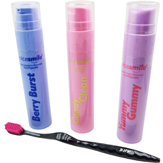 3 pcs. Nicesmile tannkremer Nye smaker + Gratis Beverly Hills tannbørste
