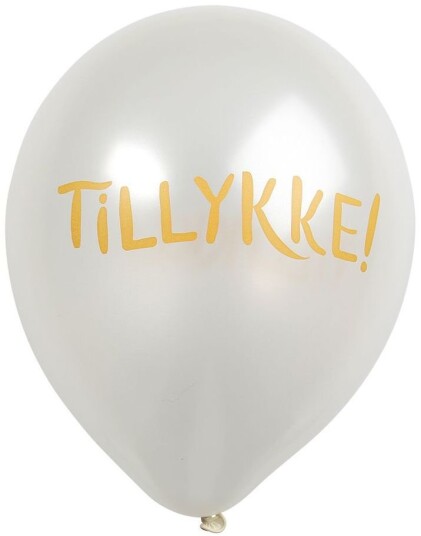 6 stk Hvite "Tillykke" Ballonger med Gullfarget Skrift 30 cm
