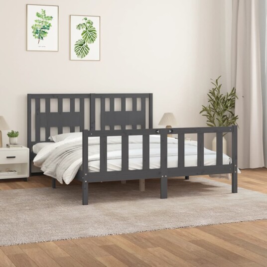 vidaXL Sengeramme med hodegavl grå heltre furu 150x200cm 5FT King Size