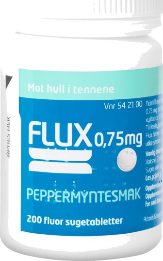 Flux Fluortabletter 0,75mg peppermyntesmak 200 stk. Flux Fluortabletter 0,75mg peppermyntesmak 200 stk.