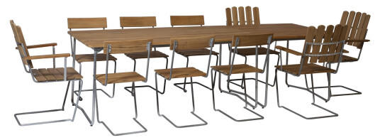 Grythyttan Stålmöbler B31 spisegruppe Teak/galvanisert stål 4 lenestoler, 6 stoler, bord 84 x 92 cm & bord 170 x 92 cm