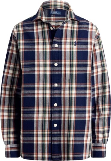 Polo Ralph Lauren Relaxed Fit Plaid Cotton Shirt 2065 NAVY ORANGE XS