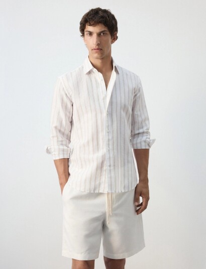 Mango Linen Cotton Blend Stripe Shirt White L