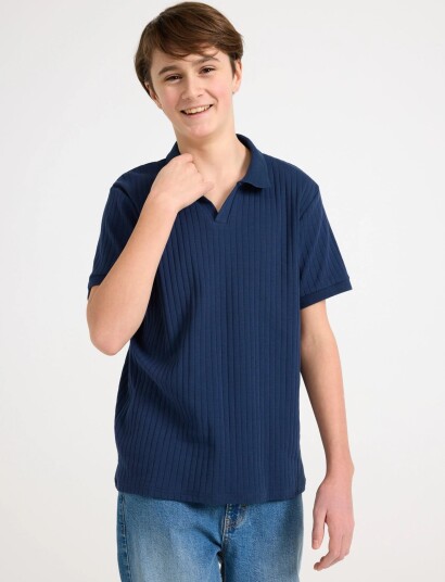 Lindex Ribbed Top With Collar   Navy   134/140
