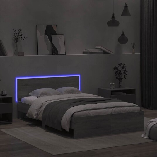 Sengeramme med hodegavl og LED grå sonoma 120x190 cm 3207642 Sengeramme med hodegavl og LED grå sonoma 120x190 cm 3207642