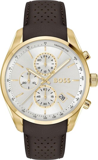 Hugo Boss Herreklokke i gullfarget stål med brun skinnrem Hugo Boss Herreklokke i gullfarget stål med brun skinnrem