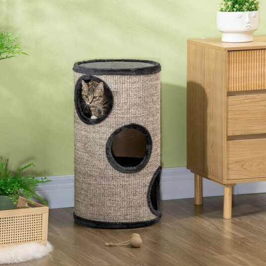 Kattetre Med 3 Huler I Sisal Og Plysj Grå