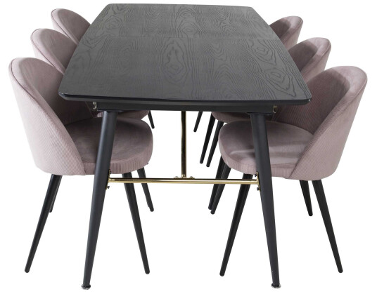 Venture Design Black Veneer & Velvet spisegruppe Svart/svart 6 st stoler & bord 180 x 85 cm