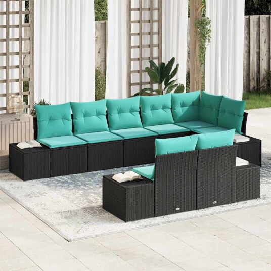 vidaXL Hagesofa Set 8 stk. Svart og turkis Poly rattan