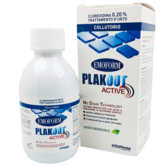 Klorheksidin 0,20% Munnvann EMOFORM PlakOut Active Shock Treatment 200 ml.