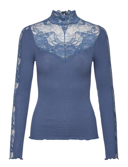Rosemunde Rwbeatha Silk Ls Lace T-Neck T-Shir - Blue - M