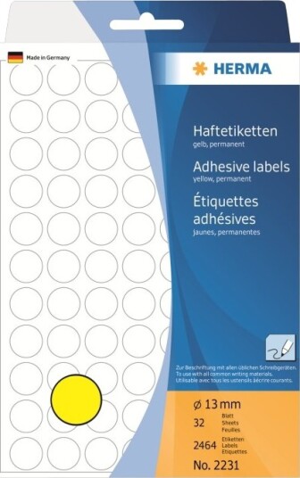 Herma Permanent Klæbemiddel Gul 13 Mm Rund 2464 EtikettR 32 Ark X 77 Etiketter