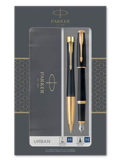Parker Urban Duo Gift Set with Ballpoint Pen & Fountain Pen  Muted Svart with Gull Trim  Blå Ink Refill & Cartridge
