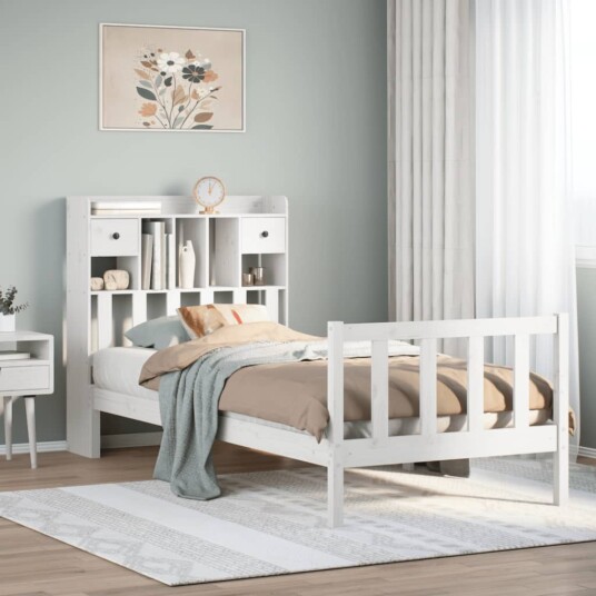 Seng med bokhylle uten madrass hvit 90x190 cm heltre furu
