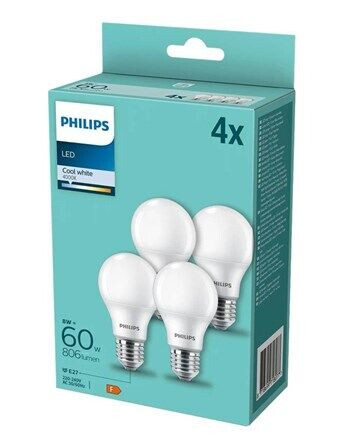 Philips LED-lyspære - LED light bulb - shape: A60 - frosted finish - E27 - 8 W - cool white light - 4000 K (pack of 4) E27 Philips LED-lyspære - LED light bulb - shape: A60 - frosted finish - E27 - 8 W - cool white light - 4000 K (pack of 4) E27
