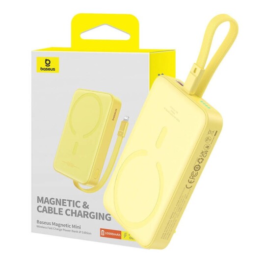 Baseus Magnetic Qi Powerbank 20W m. USB-C-kabel og Innebygd Lightning-kabel - 10 000 mAh - MagSafe-Kompatibel - Gul