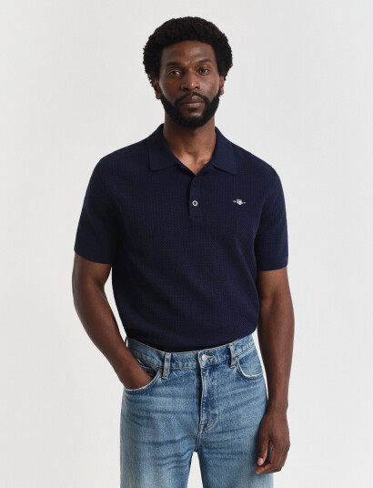GANT Textured Cotton Ss Polo - Navy - XXL